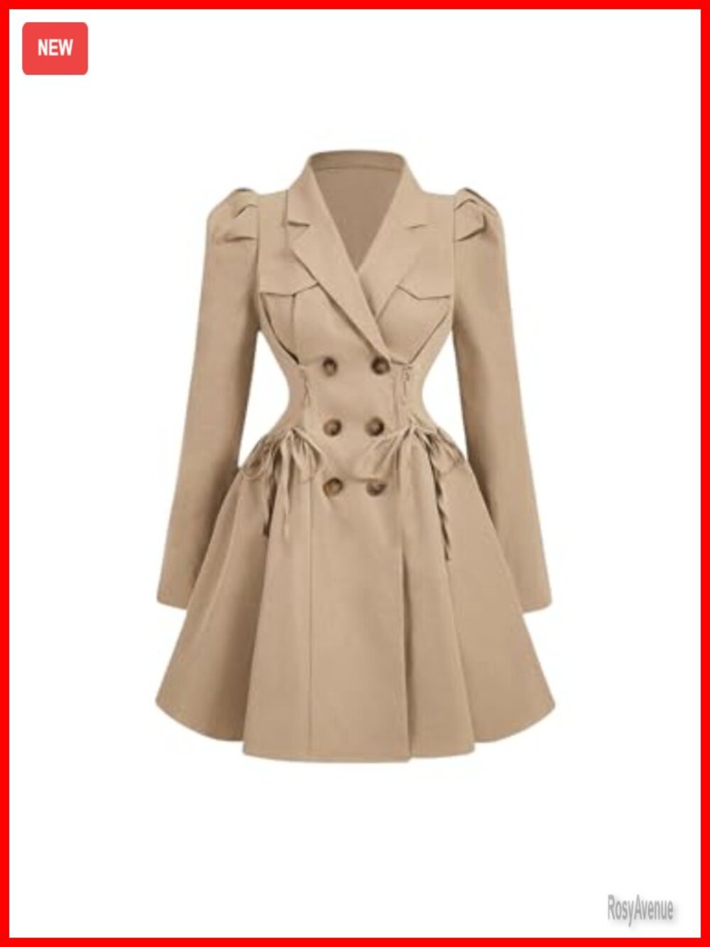 Women's Trench Coat Lapel Double Breasted Puff Sleeve A Line Jacket